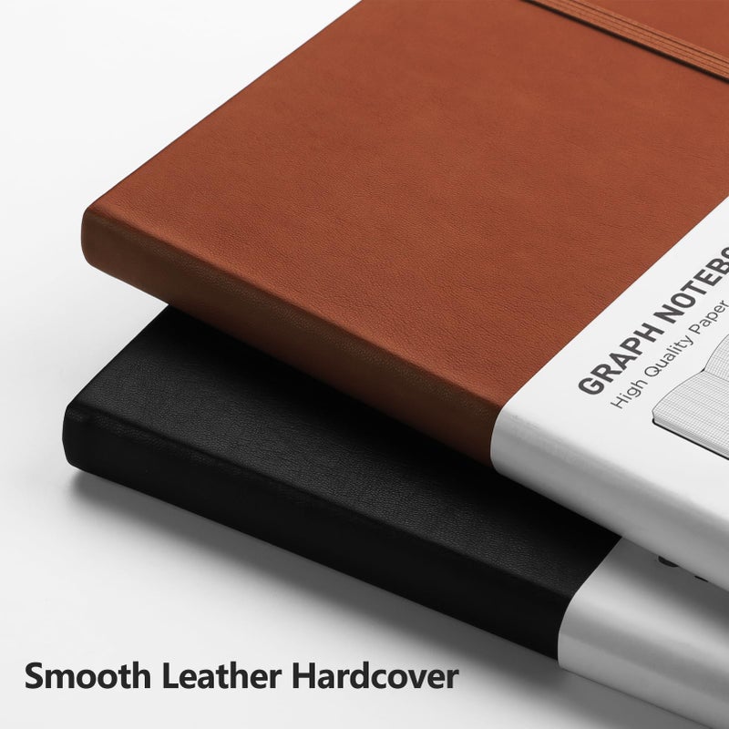 RETTACY Graph Grid Paper Notebook, 2-Pack, 192 Pages per Pack, A5 Medium Size (5.7'' x 8.3''), Leather Hardcover, 100 GSM Thick Paper, for School, Students, Math, Engineering (Black & Brown) - Image 4